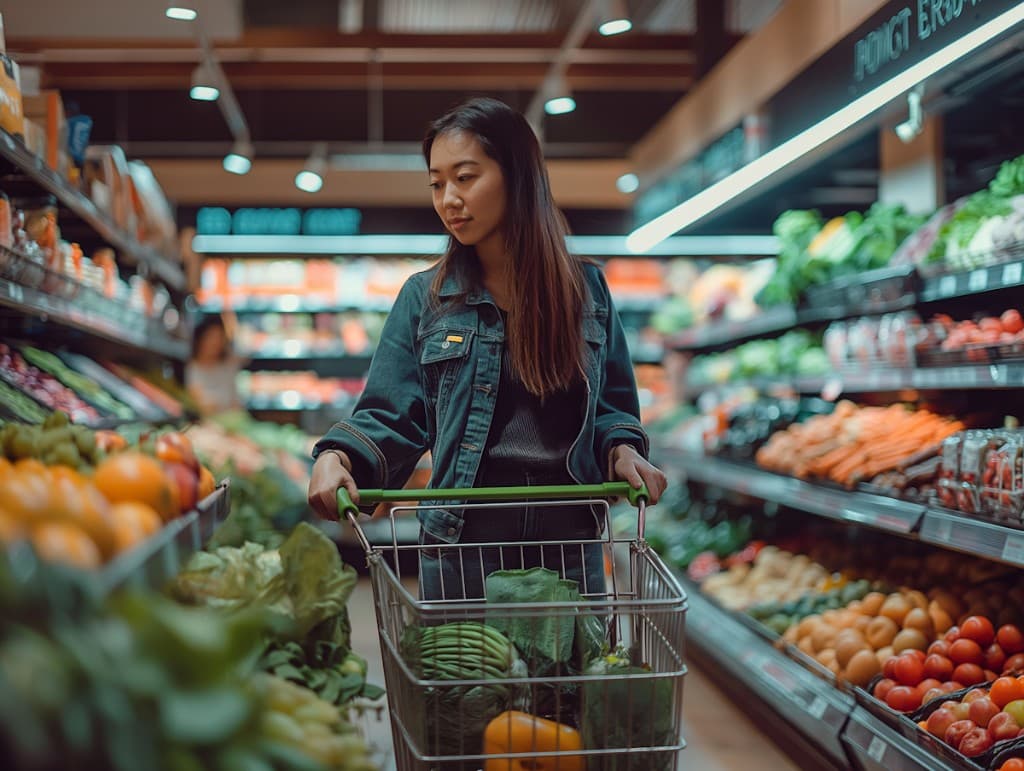 Shopper browsing fresh produce in a grocery store aisle